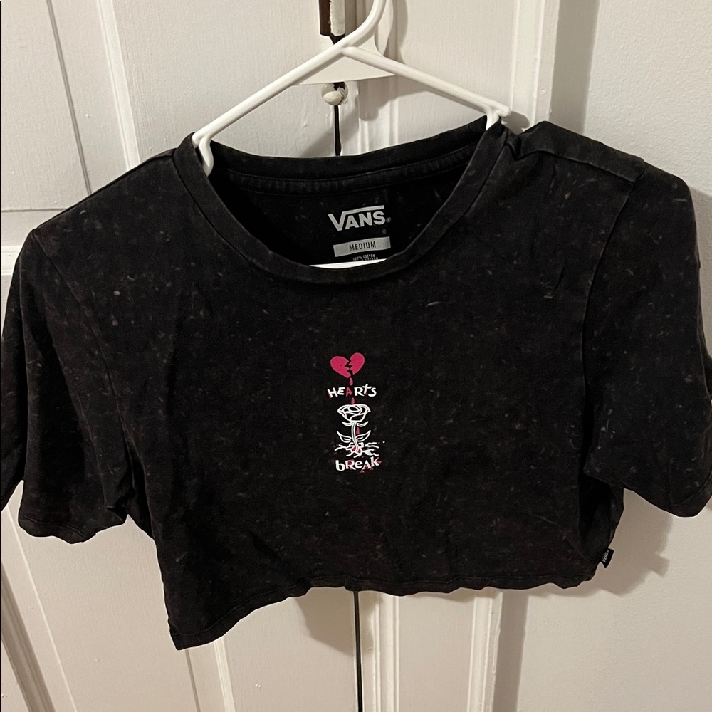 Vans Black Cropped Tee with Pink Heart Design